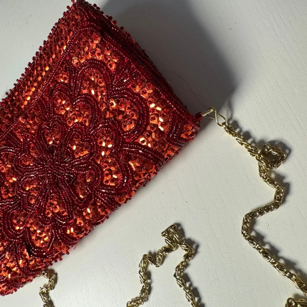 La Regale Vtg Red Beads Sequin Clutch Evening Bag Glam Wedding Guest Bridal Gala